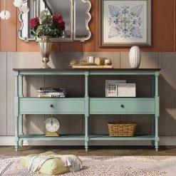 57 in. Antique Blue Distressed Standard Rectangle Wood Console Table with Open Storage Shelf and Drawers by Kahomvis -Kahomvis Sales Store antique blue distressed finish kahomvis console tables tre lkwf 19aac 4f 1000