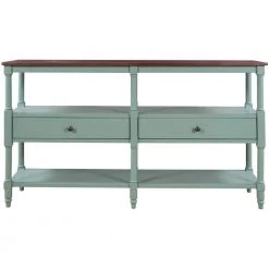 57 in. Antique Blue Distressed Standard Rectangle Wood Console Table with Open Storage Shelf and Drawers by Kahomvis