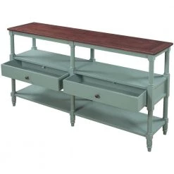 57 in. Antique Blue Distressed Standard Rectangle Wood Console Table with Open Storage Shelf and Drawers by Kahomvis -Kahomvis Sales Store antique blue distressed finish kahomvis console tables tre lkwf 19aac 77 1000