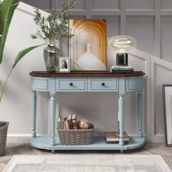 52 in. Antique Blue Standard Half Moon Wood Console Table with 2-Top Drawers by Kahomvis -Kahomvis Sales Store antique blue kahomvis console tables tre lkwf2 4aac 31 1000