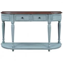 52 in. Antique Blue Standard Half Moon Wood Console Table with 2-Top Drawers by Kahomvis