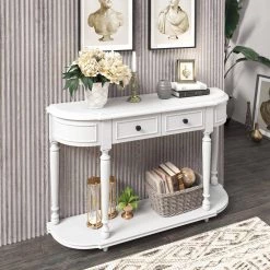 52 in. Antique White Standard Half Moon Wood Console Table with 2-Top Drawers by Kahomvis -Kahomvis Sales Store antique white kahomvis console tables tre lkwf2 4aak 1f 1000