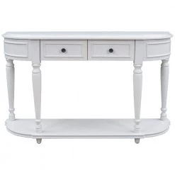 52 in. Antique White Standard Half Moon Wood Console Table with 2-Top Drawers by Kahomvis