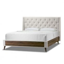 Arlo Beige Fabric Twin Upholstered Headboard Bed with Wings and Button Tufting by Glamour Home