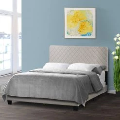 Aurum Beige Fabric Queen Bed with Decorative Stitching by Glamour Home -Kahomvis Sales Store beige glamour home panel beds ghub 1522 31 1000