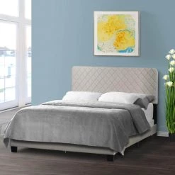 Aurum Beige Fabric Queen Bed with Decorative Stitching by Glamour Home -Kahomvis Sales Store beige glamour home panel beds ghub 1522 44 1000