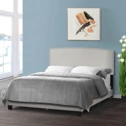 Ausca Beige Fabric Queen Bed with Nail Head Trim by Glamour Home -Kahomvis Sales Store beige glamour home panel beds ghub 1528 44 1000