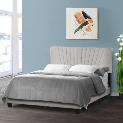 Autumn Beige Fabric Queen Bed with Decorative Stitching by Glamour Home -Kahomvis Sales Store beige glamour home panel beds ghub 1534 44 1000