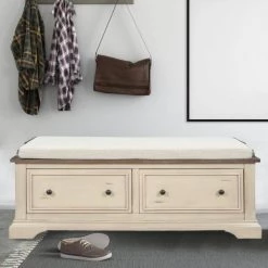 Beige Storage Bench with 2-Large Drawers and Removable Cushion (16.3 in. H x 43 in. W x 16 in. D) by Kahomvis -Kahomvis Sales Store beige kahomvis dining benches tre lkwf2 5aan 31 1000