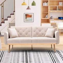 63.77 in. Beige Velvet Fabric Upholstered 2-Seater Modern Loveseat with Rose Gold Metal Feet and Pillows by Kahomvis -Kahomvis Sales Store beige kahomvis loveseats cm lkw3 6035 31 1000