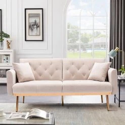 63.77 in. Beige Velvet Fabric Upholstered 2-Seater Modern Loveseat with Rose Gold Metal Feet and Pillows by Kahomvis -Kahomvis Sales Store beige kahomvis loveseats cm lkw3 6035 fa 1000