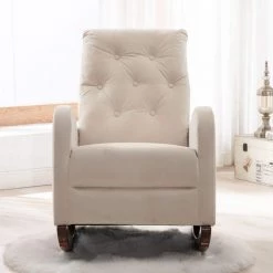 Beige Velvet Tufted Fabric Modern High Back Rocking Arm Chair (Set of 1) by Kahomvis -Kahomvis Sales Store beige kahomvis rockers gliders ottomans bb lkwf 61aac 1f 1000