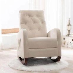 Beige Velvet Tufted Fabric Modern High Back Rocking Arm Chair (Set of 1) by Kahomvis -Kahomvis Sales Store beige kahomvis rockers gliders ottomans bb lkwf 61aac 31 1000