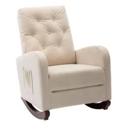 Beige Velvet Tufted Fabric Modern High Back Rocking Arm Chair (Set of 1) by Kahomvis