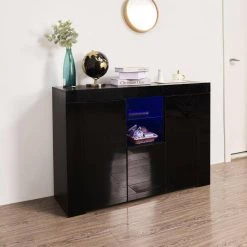 Black High Gloss Wood Buffet with LED Light by Kahomvis -Kahomvis Sales Store black high gloss effect finish to the front of the unit kahomvis sideboards buffet tables js lkw33s030 1f 1000