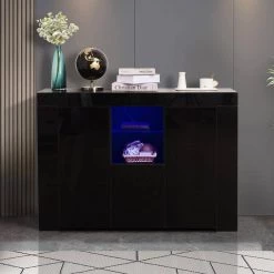 Black High Gloss Wood Buffet with LED Light by Kahomvis -Kahomvis Sales Store black high gloss effect finish to the front of the unit kahomvis sideboards buffet tables js lkw33s030 31 1000