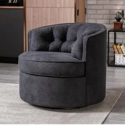 Black Linen Fabric Upholstered 360° Swivel Tufted Back Accent Round Barrel Chair(Set of 1) by Kahomvis 11 Black Linen Fabric Upholstered 360° Swivel Tufted Back Accent Round Barrel Chair(Set of 1) by Kahomvis -Kahomvis Sales Store black kahomvis accent chairs bb lkpp 76aab 31 1000