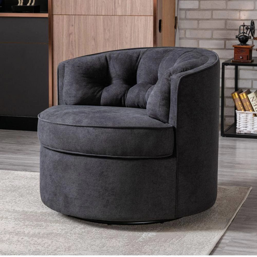 Black Linen Fabric Upholstered 360° Swivel Tufted Back Accent Round Barrel Chair(Set of 1) by Kahomvis 6 Black Linen Fabric Upholstered 360° Swivel Tufted Back Accent Round Barrel Chair(Set of 1) by Kahomvis - Image 6