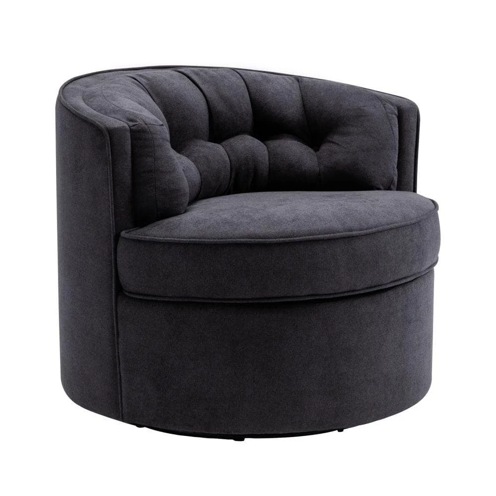 Black Linen Fabric Upholstered 360° Swivel Tufted Back Accent Round Barrel Chair(Set of 1) by Kahomvis 1 Black Linen Fabric Upholstered 360° Swivel Tufted Back Accent Round Barrel Chair(Set of 1) by Kahomvis