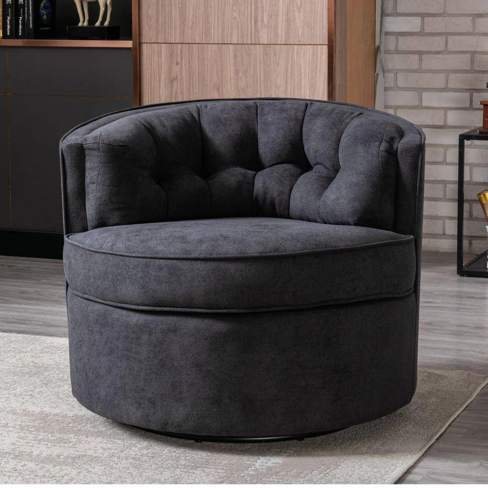 Black Linen Fabric Upholstered 360° Swivel Tufted Back Accent Round Barrel Chair(Set of 1) by Kahomvis 4 Black Linen Fabric Upholstered 360° Swivel Tufted Back Accent Round Barrel Chair(Set of 1) by Kahomvis - Image 4