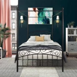 Black Full Size Metal Noise Free Canopy Bed Frame with Headboard and Footboard by Kahomvis -Kahomvis Sales Store black kahomvis canopy beds yd lkw8 4155 31 1000