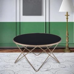 34 in. Black Round Glass Top Coffee Table with Champagne Metal Frame by Kahomvis -Kahomvis Sales Store black kahomvis coffee tables acme lkof 830 31 1000