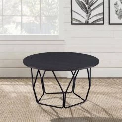 32 in. Black Round Wood Coffee Table with Metal Frame by Kahomvis -Kahomvis Sales Store black kahomvis coffee tables acme lkof 950 31 1000