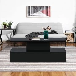 47.2 in. Black Rectangle Wood Modern Coffee Table with LED Lighting and Remote Control by Kahomvis -Kahomvis Sales Store black kahomvis coffee tables ot lkwf 58aab 31 1000