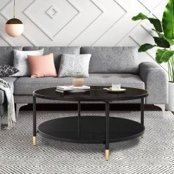 35.4 in. Black Round Tempered Glass Coffee Table with Bottom Storage Shelf and Metal Frame by Kahomvis -Kahomvis Sales Store black kahomvis coffee tables rys lkw2 954 31 1000