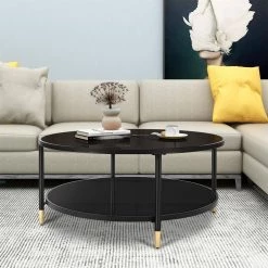 35.4 in. Black Round Tempered Glass Coffee Table with Bottom Storage Shelf and Metal Frame by Kahomvis -Kahomvis Sales Store black kahomvis coffee tables rys lkw2 954 4f 1000