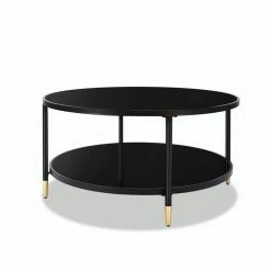 35.4 in. Black Round Tempered Glass Coffee Table with Bottom Storage Shelf and Metal Frame by Kahomvis