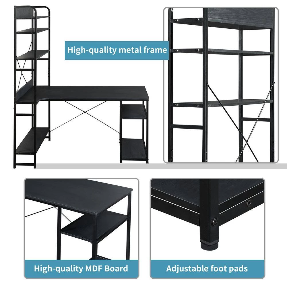 53.94 in. Rectangular Black Wood Computer Desk for Home Office with 5 Tier Open Bookshelf and Metal Frame by Kahomvis 6 53.94 in. Rectangular Black Wood Computer Desk for Home Office with 5 Tier Open Bookshelf and Metal Frame by Kahomvis - Image 6