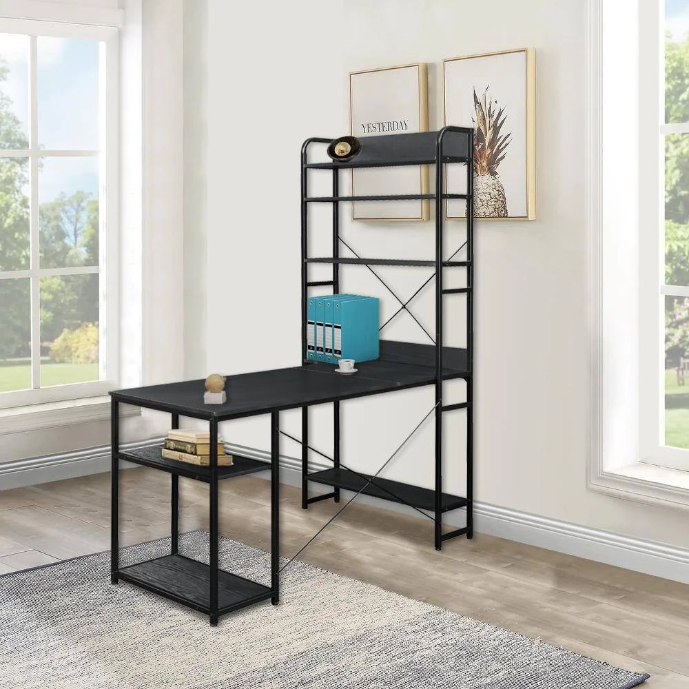 53.94 in. Rectangular Black Wood Computer Desk for Home Office with 5 Tier Open Bookshelf and Metal Frame by Kahomvis 10 53.94 in. Rectangular Black Wood Computer Desk for Home Office with 5 Tier Open Bookshelf and Metal Frame by Kahomvis - Image 10