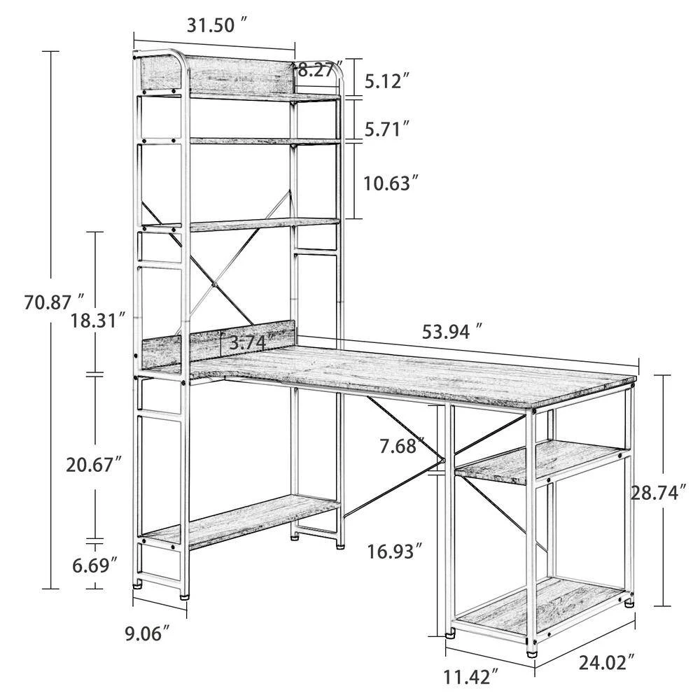 53.94 in. Rectangular Black Wood Computer Desk for Home Office with 5 Tier Open Bookshelf and Metal Frame by Kahomvis 4 53.94 in. Rectangular Black Wood Computer Desk for Home Office with 5 Tier Open Bookshelf and Metal Frame by Kahomvis - Image 4