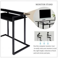 56.7 in. L-Shaped Black Tempered Glass Round Corner Computer Desk with Steel Frame and Ergonomic Monitor Riser by Kahomvis -Kahomvis Sales Store black kahomvis computer desks sl lkwf 9aad 1f 1000