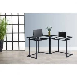 56.7 in. L-Shaped Black Tempered Glass Round Corner Computer Desk with Steel Frame and Ergonomic Monitor Riser by Kahomvis -Kahomvis Sales Store black kahomvis computer desks sl lkwf 9aad 31 1000