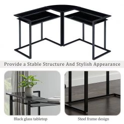 56.7 in. L-Shaped Black Tempered Glass Round Corner Computer Desk with Steel Frame and Ergonomic Monitor Riser by Kahomvis -Kahomvis Sales Store black kahomvis computer desks sl lkwf 9aad 4f 1000