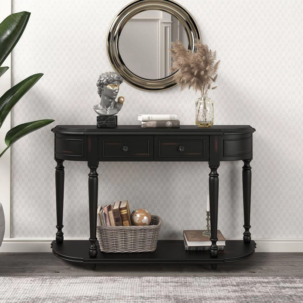52 in. Black Standard Half Moon Wood Console Table with 2-Top Drawers by Kahomvis 10 52 in. Black Standard Half Moon Wood Console Table with 2-Top Drawers by Kahomvis - Image 10