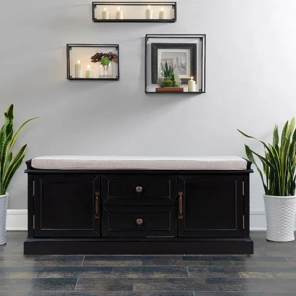 Black Storage Bench with Removable Cushion 2-Drawers and 2-Cabinets (17.5 in. H x 42.9 in. W x 15.9 in. D) by Kahomvis 9 Black Storage Bench with Removable Cushion 2-Drawers and 2-Cabinets (17.5 in. H x 42.9 in. W x 15.9 in. D) by Kahomvis - Image 9
