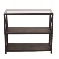 35.4 in. Black and Walnut Tall Rectangle Tempered Glass Top End Table with 2 Wooden Shelves by Kahomvis