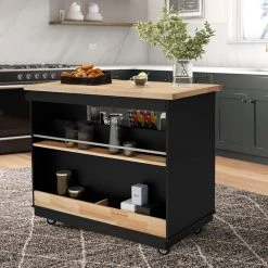 Black Kitchen Cart with Rubber Wood Tabletop, Mobile Two-Sided Storage Cabinet Kitchen Island by Kahomvis