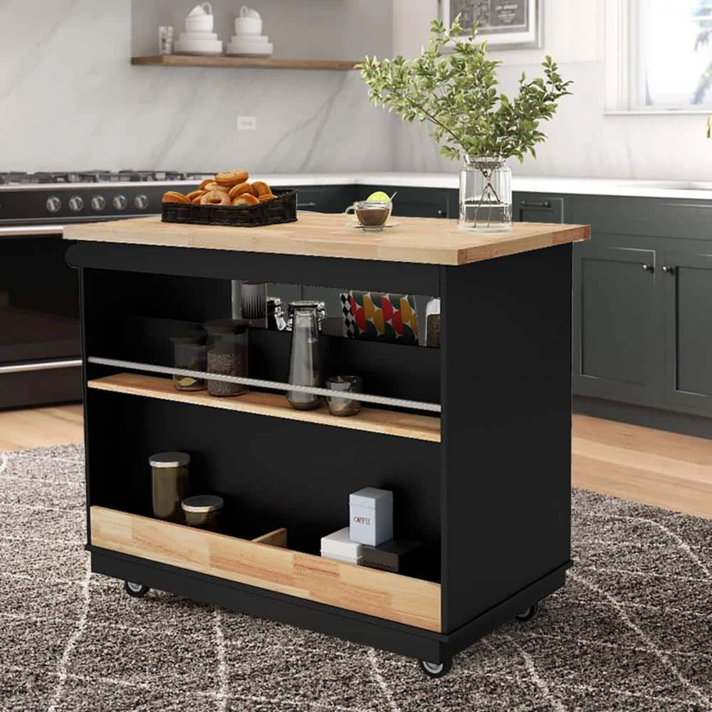 Black Kitchen Cart with Rubber Wood Tabletop, Mobile Two-Sided Storage Cabinet Kitchen Island by Kahomvis 1 Black Kitchen Cart with Rubber Wood Tabletop, Mobile Two-Sided Storage Cabinet Kitchen Island by Kahomvis