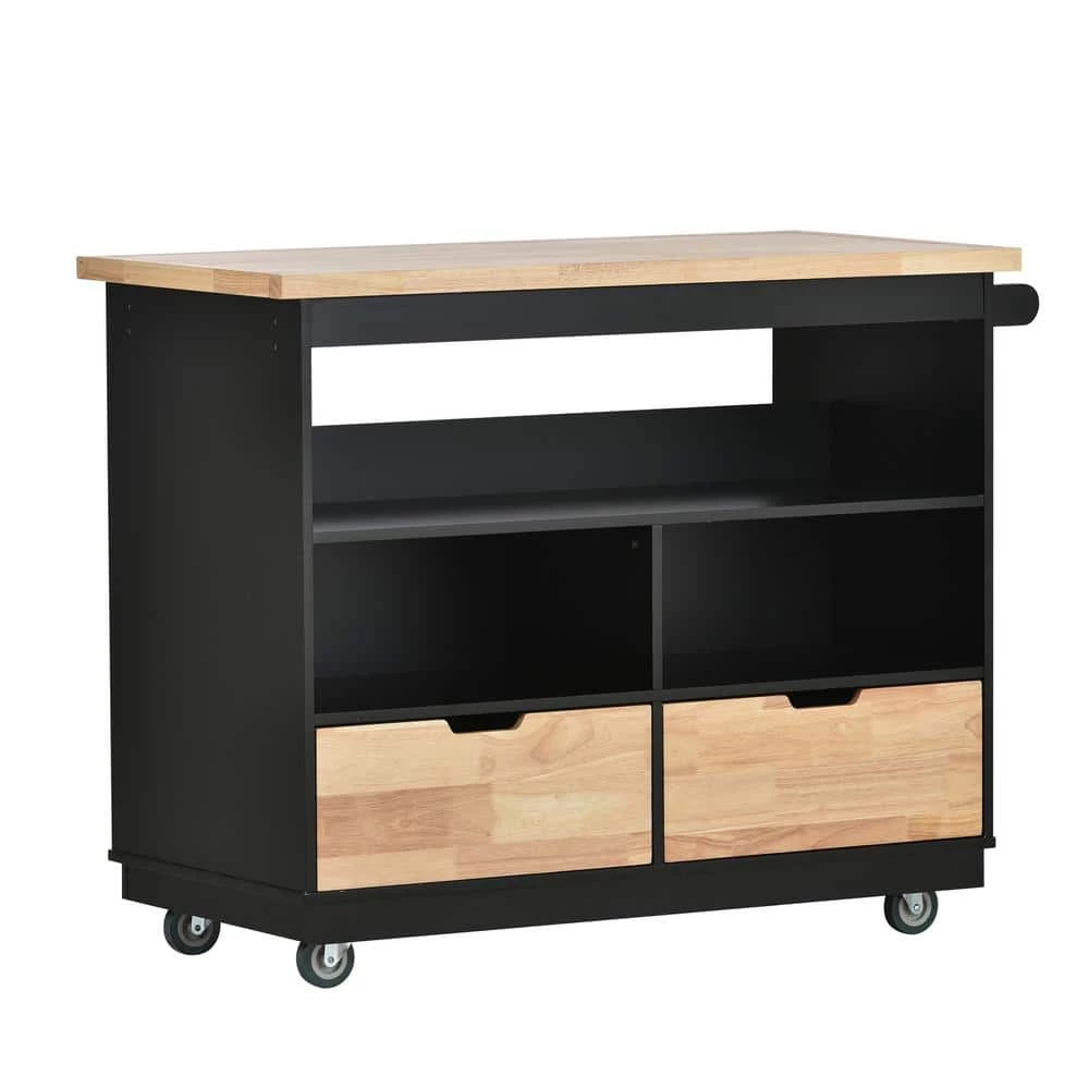 Black Kitchen Cart with Rubber Wood Tabletop, Mobile Two-Sided Storage Cabinet Kitchen Island by Kahomvis 6 Black Kitchen Cart with Rubber Wood Tabletop, Mobile Two-Sided Storage Cabinet Kitchen Island by Kahomvis - Image 6
