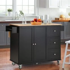 Black Rolling Mobile Kitchen Island with Solid Wood Top, Drop Leaf and Storage Cabinet by Kahomvis