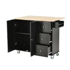 Black Rolling Mobile Kitchen Island with Solid Wood Top, Drop Leaf and Storage Cabinet by Kahomvis -Kahomvis Sales Store black kahomvis kitchen islands kk lkwf 5aab 77 1000