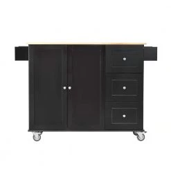 Black Rolling Mobile Kitchen Island with Solid Wood Top, Drop Leaf and Storage Cabinet by Kahomvis -Kahomvis Sales Store black kahomvis kitchen islands kk lkwf 5aab c3 1000