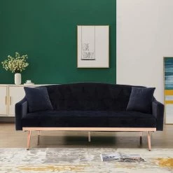 65.3 in. Black Velvet Fabric Upholstered 2-Seater Loveseat with Metal Feet and Pillows, Tufted Adjustable Back Sofa Bed by Kahomvis -Kahomvis Sales Store black kahomvis loveseats cm lkw3 6629 31 1000