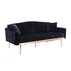 65.3 in. Black Velvet Fabric Upholstered 2-Seater Loveseat with Metal Feet and Pillows, Tufted Adjustable Back Sofa Bed by Kahomvis