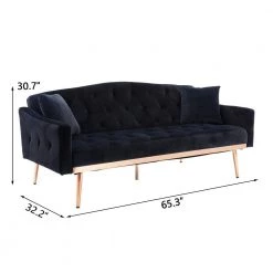 65.3 in. Black Velvet Fabric Upholstered 2-Seater Loveseat with Metal Feet and Pillows, Tufted Adjustable Back Sofa Bed by Kahomvis -Kahomvis Sales Store black kahomvis loveseats cm lkw3 6629 76 1000