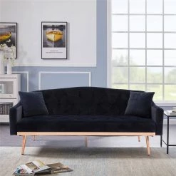 65.3 in. Black Velvet Fabric Upholstered 2-Seater Loveseat with Metal Feet and Pillows, Tufted Adjustable Back Sofa Bed by Kahomvis -Kahomvis Sales Store black kahomvis loveseats cm lkw3 6629 fa 1000